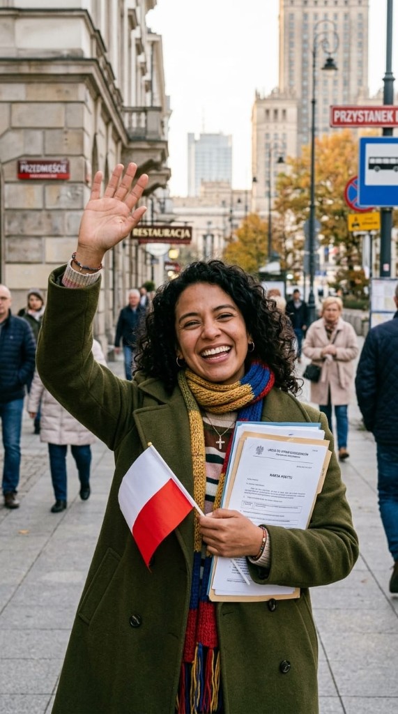 Happy person with Polish flag in Warsaw