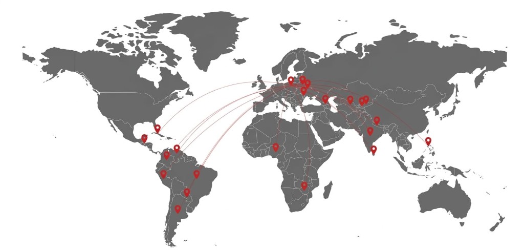 Mapa świata - kraje z których pracują nasi pracownicy